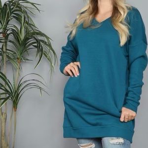 Zenana V Neck Sweatshirt Tunic Oversized Pockets Long Cozy Teal size L
